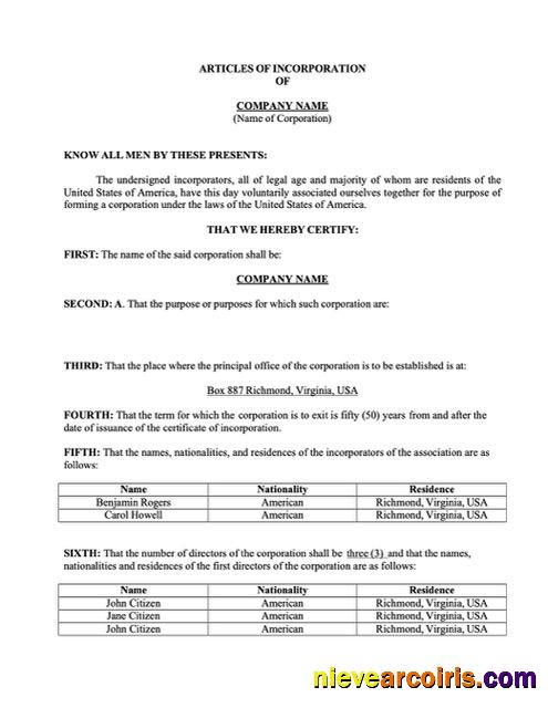 USA Virginia articles of incorporation